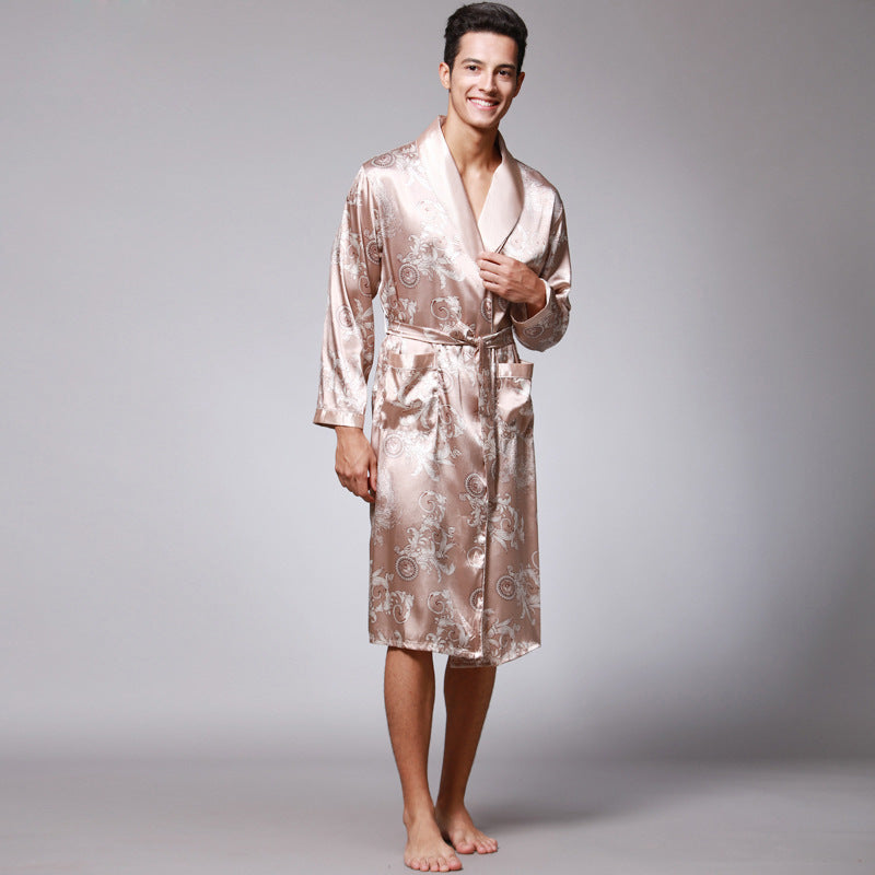 Nightgown Silk Ice Silk Men's Pajamas Men's Long Sleeve Nightgown Bathrobes Home Clothing