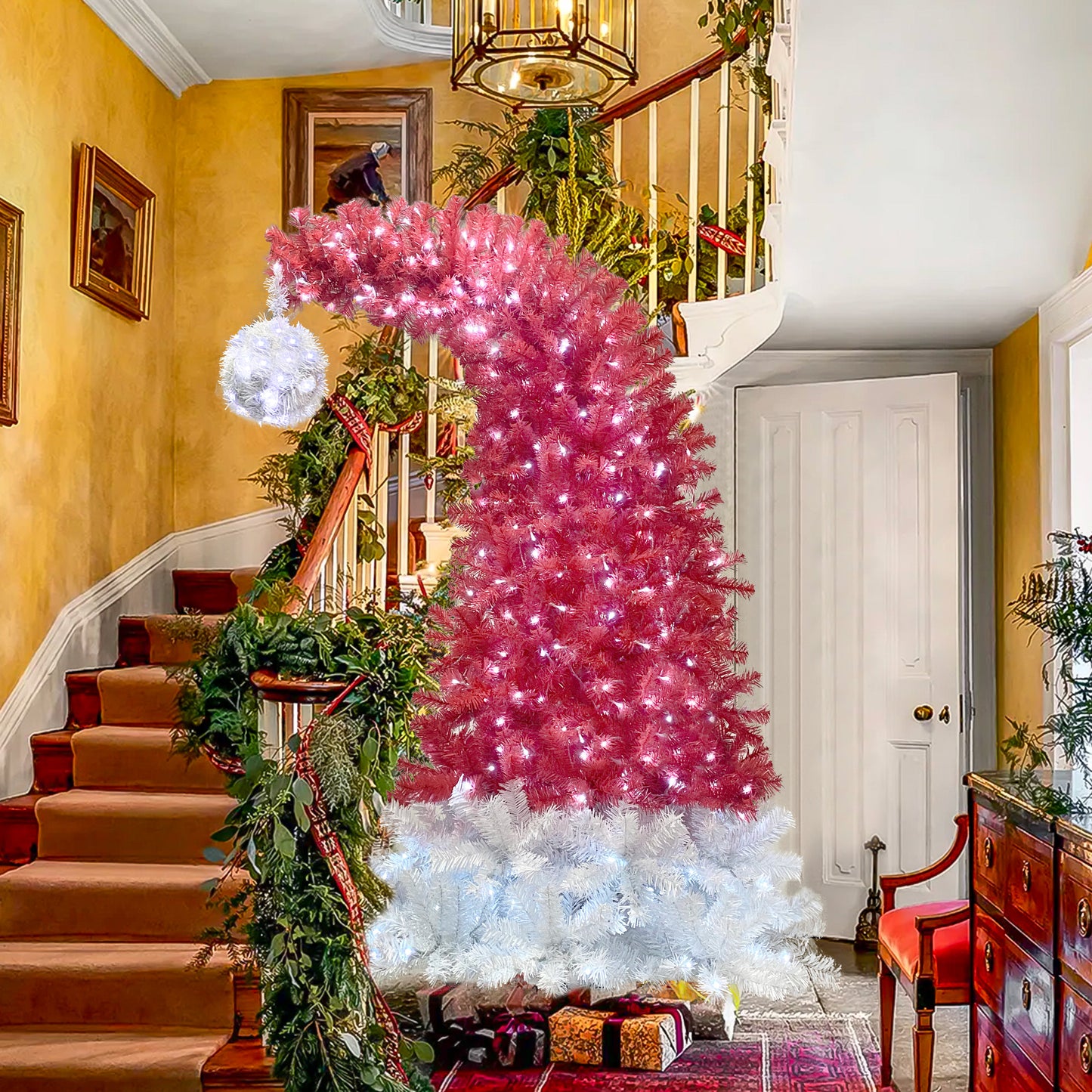 *New Christmas Tree Alert* 6FT hinge fir, artificial. Curved top Christmas tree, bendable, 1250 lush branch hints, 300 LED Christmas lights
