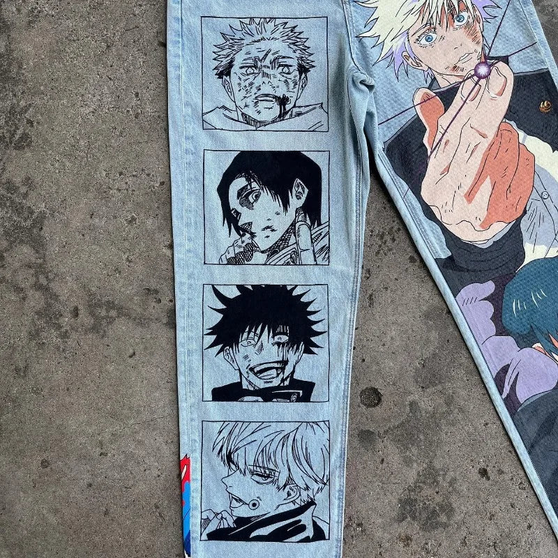 Harajuku Anime print pattern jeans. Men.