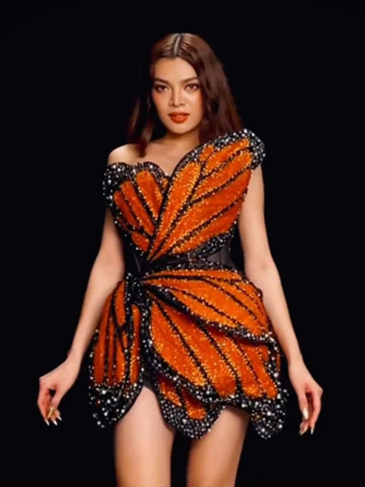 Luxury Dress For Women Beautiful Butterfly Shape Design Sequins Mini Celebrity Party Vestido New Trendy