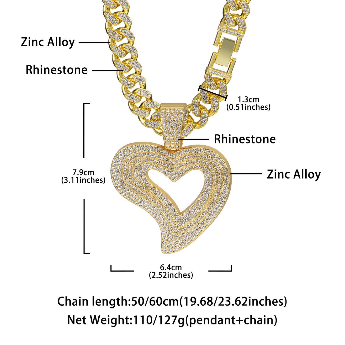 New Light Luxury Love Full Diamond Alloy Pendant Cuban Necklace Hip Hop Trendy Men's Jewelry