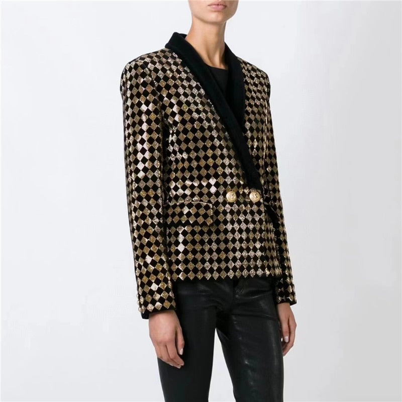 Autumn New Women's Poplin Lapel Blazer Big Brand High Quality Fashion Retro Slim Fit Hit Color Heavy Work Diamond Plaid Top