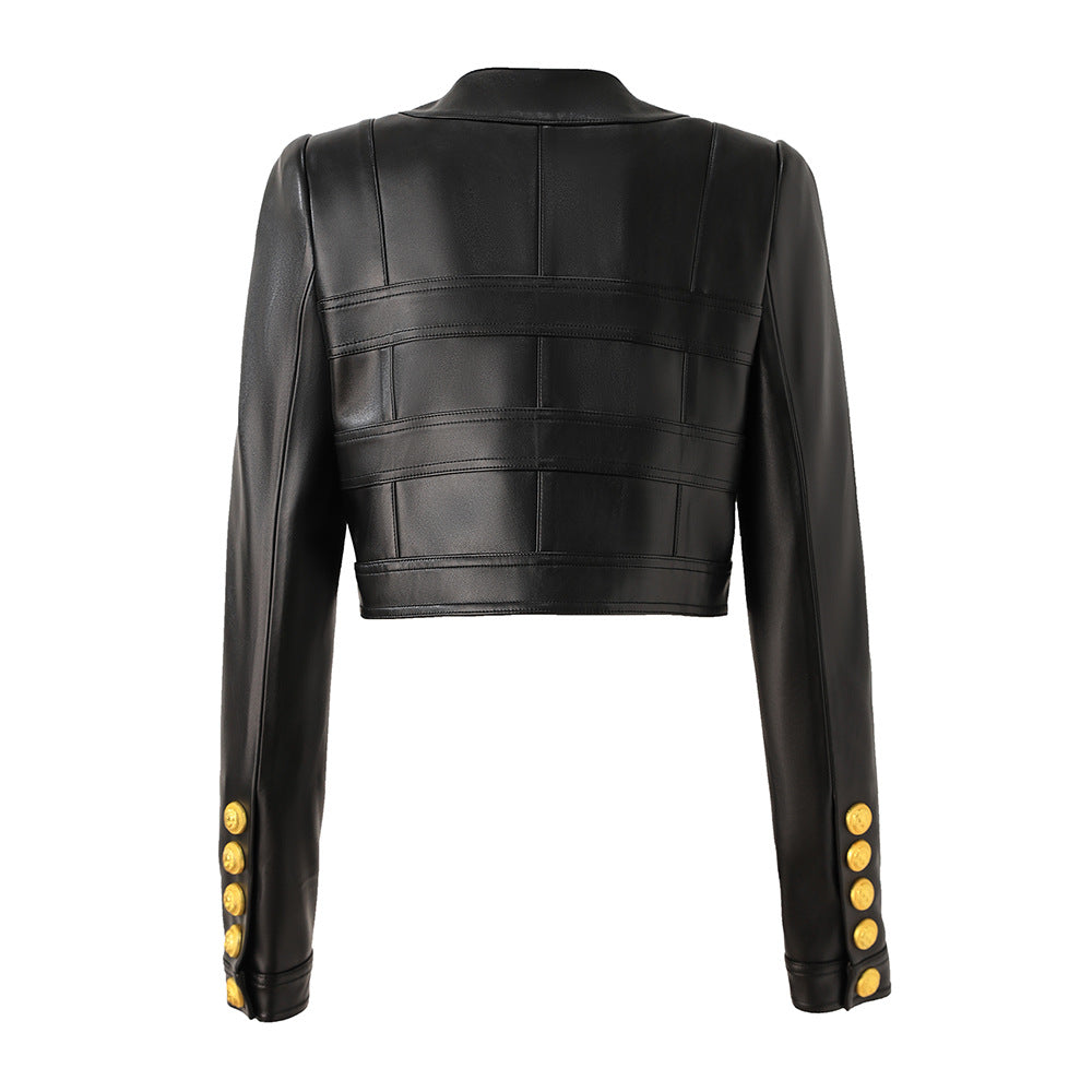 PU leather splicing small round neck shoulder pad cardigan high street style small jacket top temperament small jacket