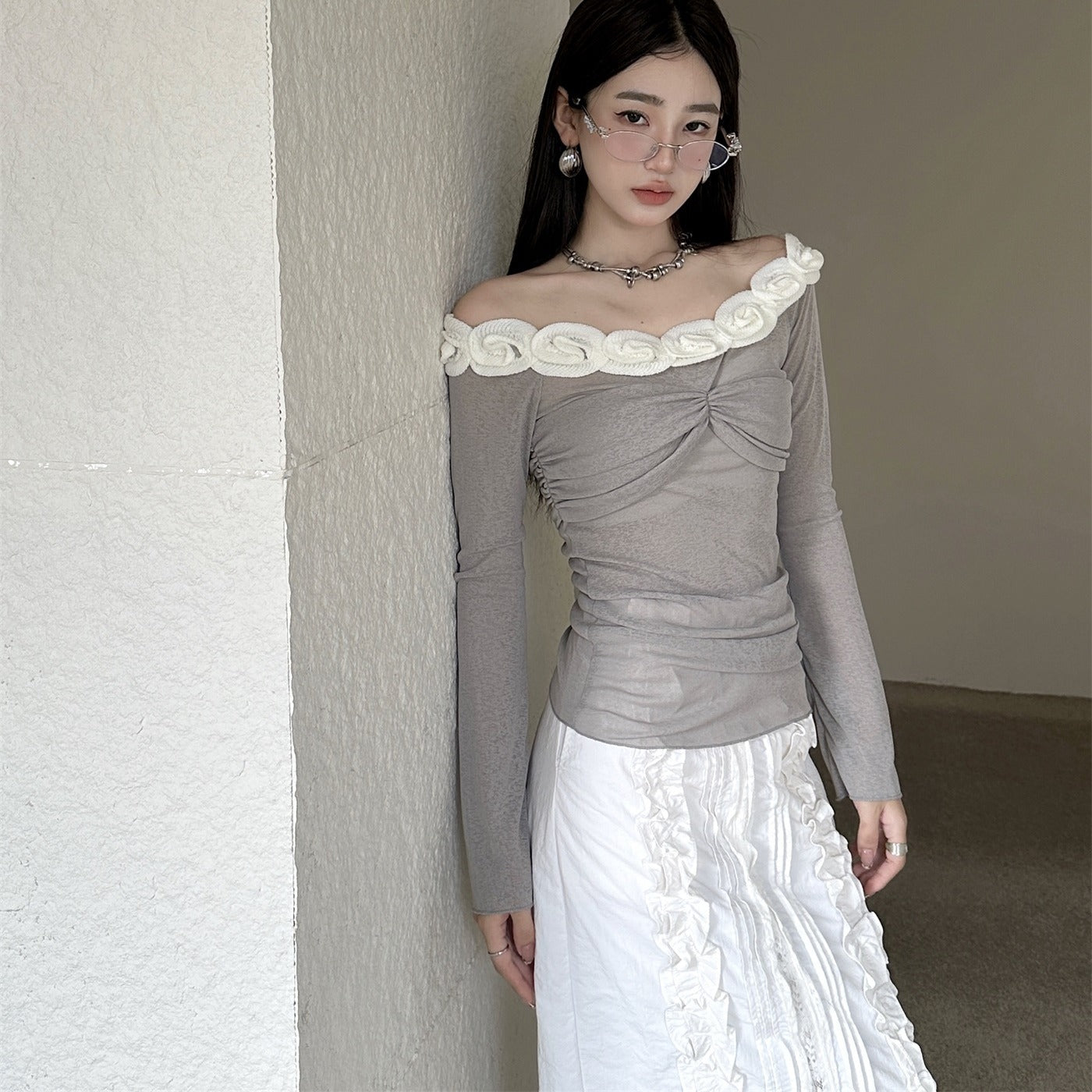 House of Hutson Original- Ballet Style French Flower Off Shoulder Top