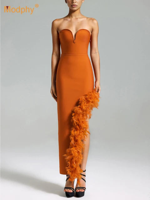 Strapless V-neck off shoulder backless feather split socialite bandage dress for women