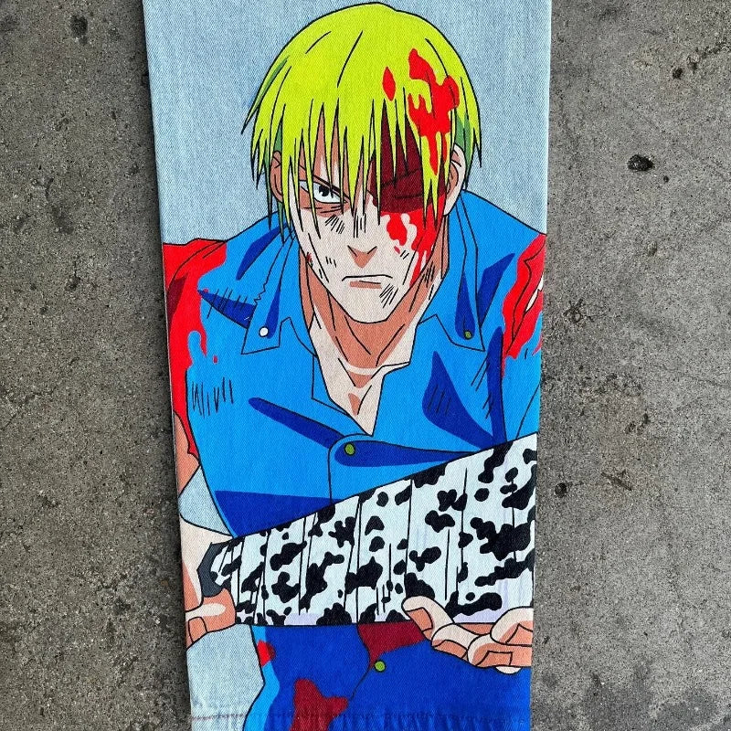 Harajuku Anime print pattern jeans. Men.