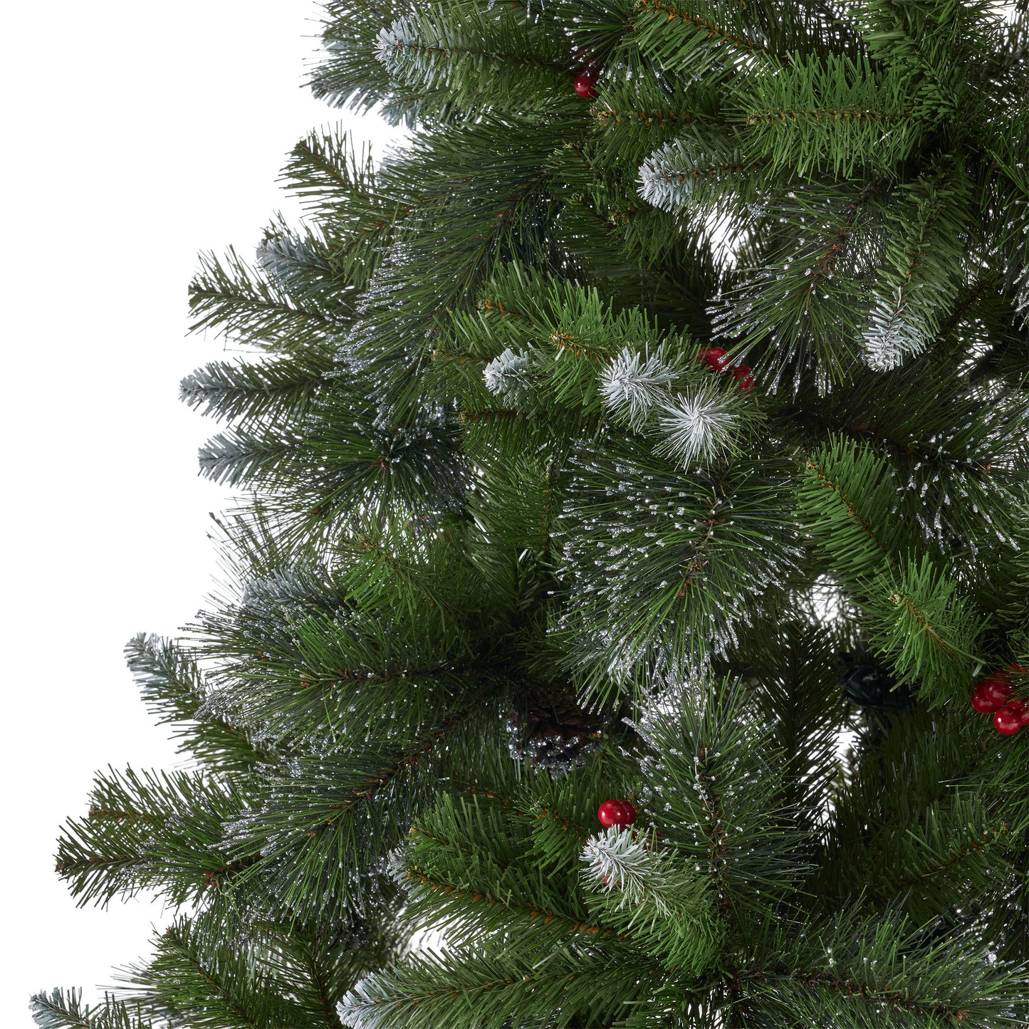 Christmas Tree - 9' Glitter Bristle Mixed Hinged Tree with 72 Red Berry and 73 Pine Cones and 2099 tips,Dia:66