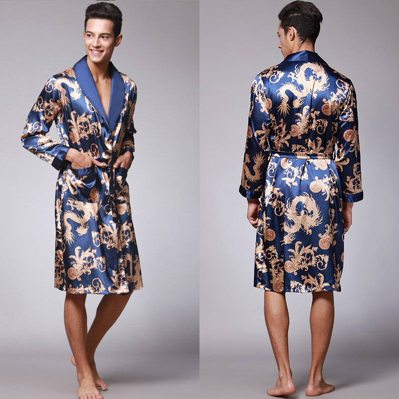 Nightgown Silk Ice Silk Men's Pajamas Men's Long Sleeve Nightgown Bathrobes Home Clothing