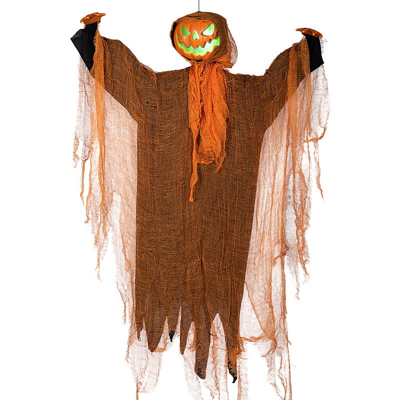 Halloween Pumpkin Party Decoration Hanging Head Green Light Rotating Head Pumpkin Glowing Sound Hanging Props Courtyard Decor