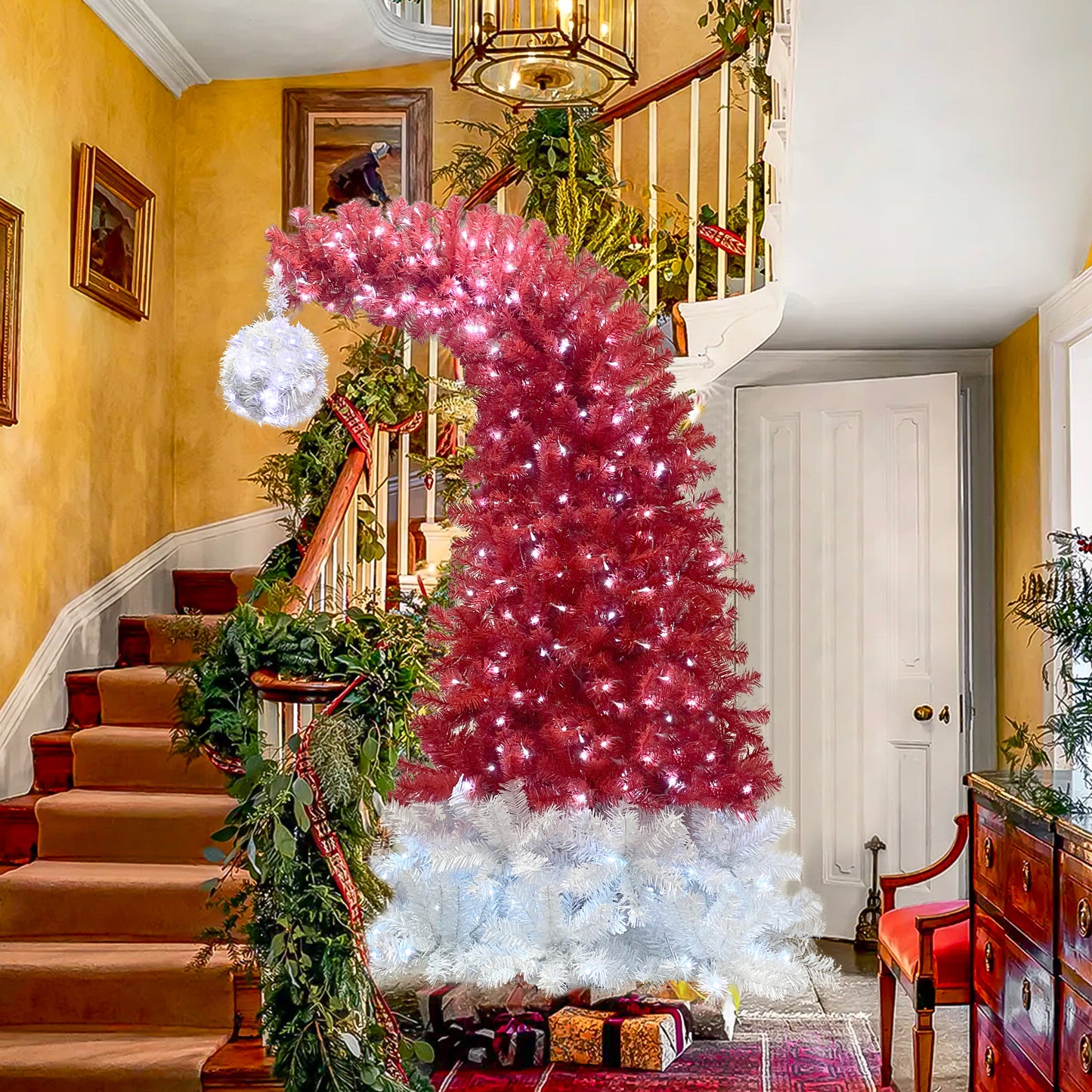 *New Christmas Tree Alert* 6FT hinge fir, artificial. Curved top Christmas tree, bendable, 1250 lush branch hints, 300 LED Christmas lights