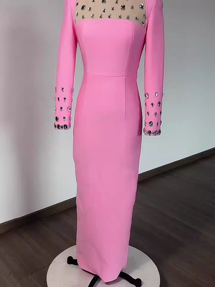 2025 Valentine Day Edition - long sleeved slit dress with mesh belt diamond round neck