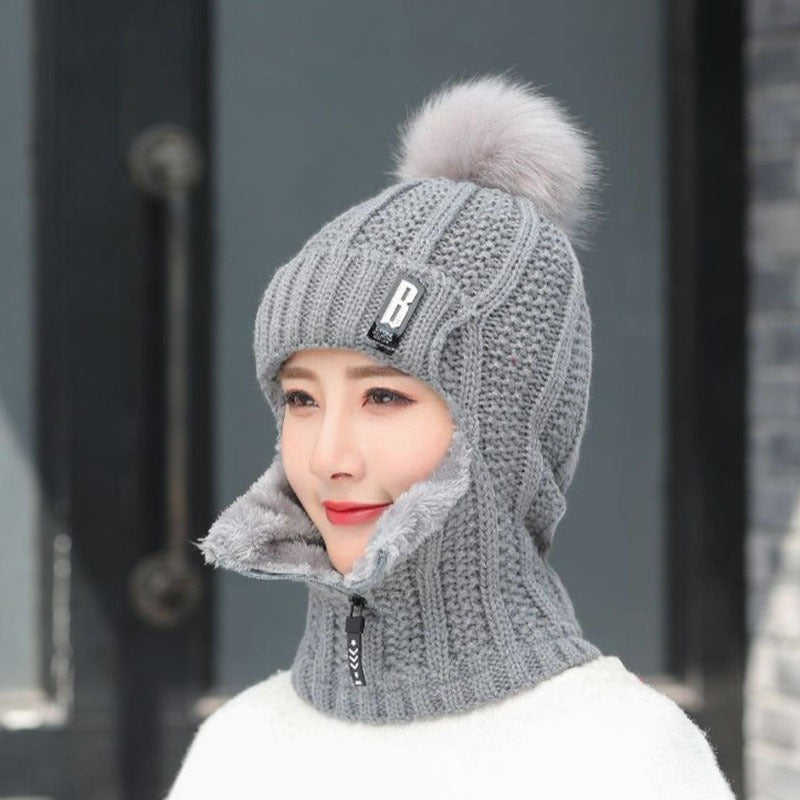 “B-label Shiesty” - knitted, plush, pullover ear protection hat for women with zippered neckband.
