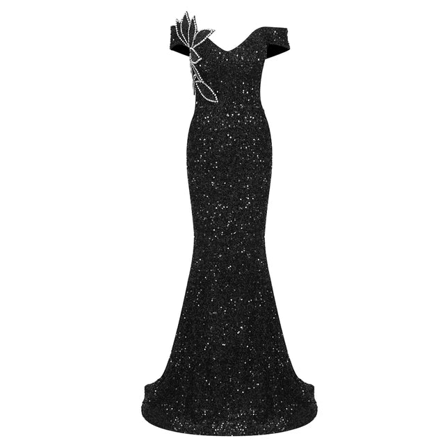Flash Diamond V-Neck Off Shoulder Black Sequin Dress