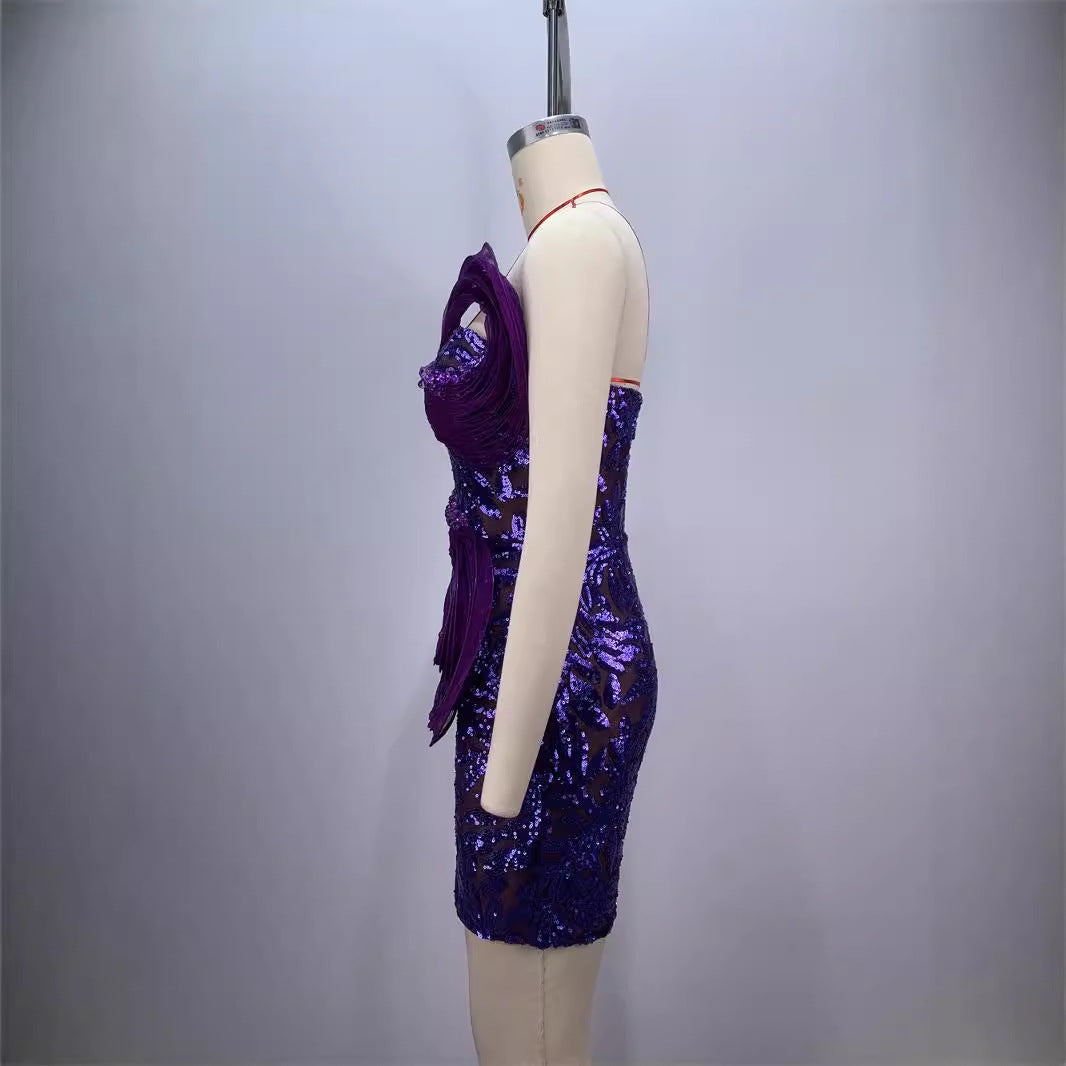 Fashionable backless one shoulder design strapless mesh sequin tight purple mini dress