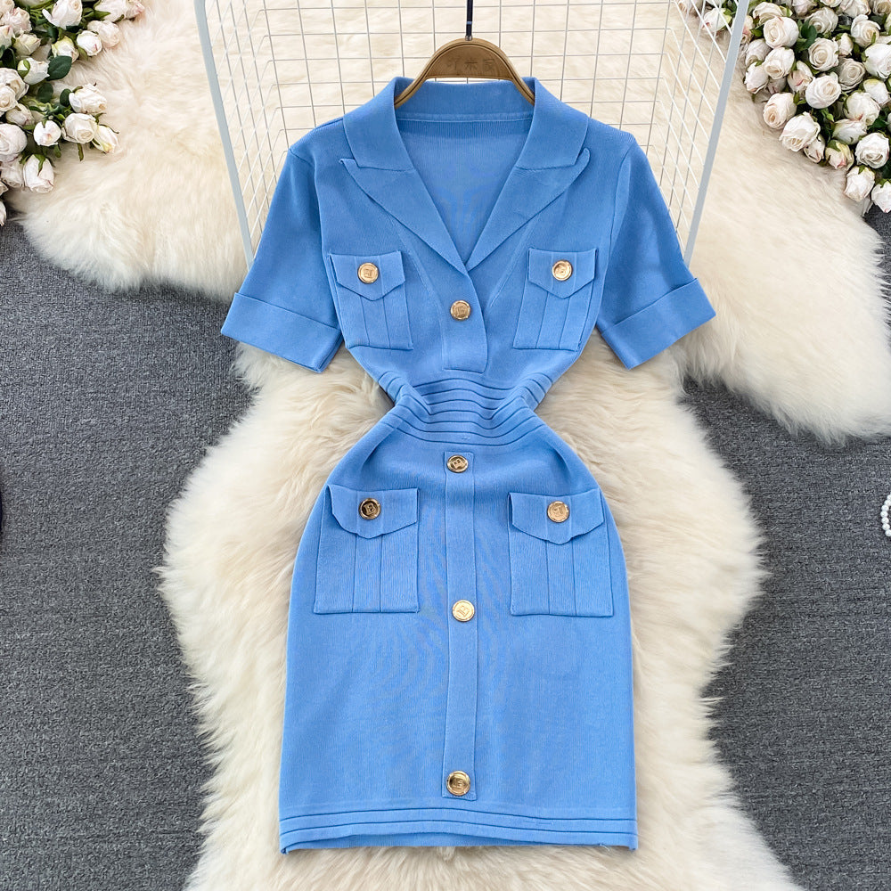House of Hutson Original- V-Neck Knitted Dress. Sinched waist.