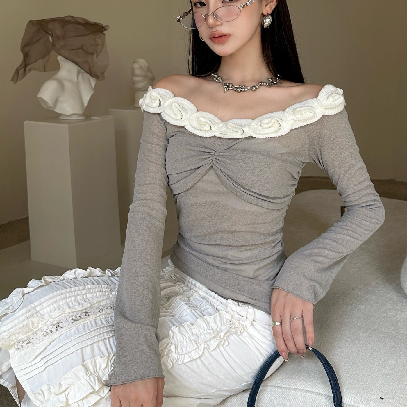 House of Hutson Original- Ballet Style French Flower Off Shoulder Top