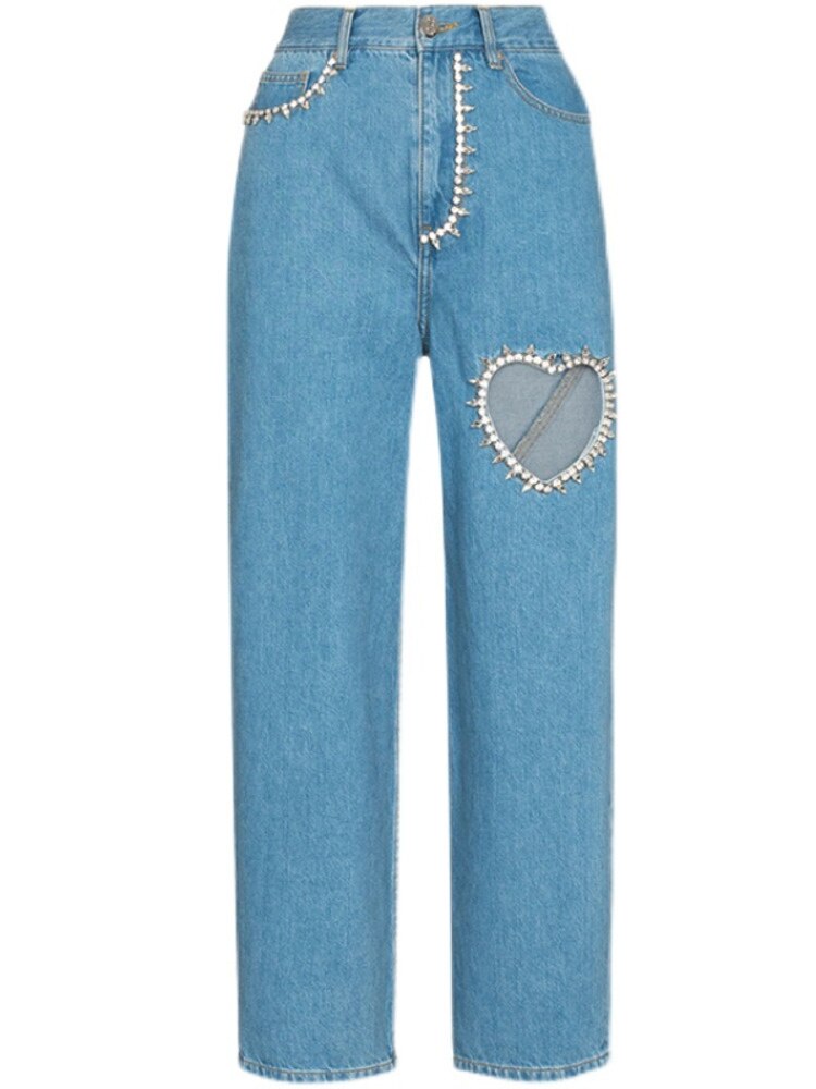 Valentine's Day Hollow Out Heart Shaped Jeans. Style: Straight Leg