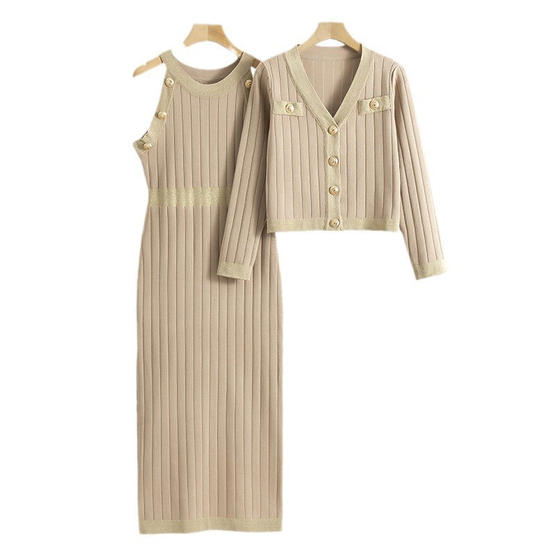 French style socialite high waisted fashionable two-piece woolen dress autumn new item knitted sweater vest dress