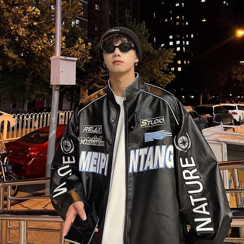 Motorcycle jacket with detachable hood.