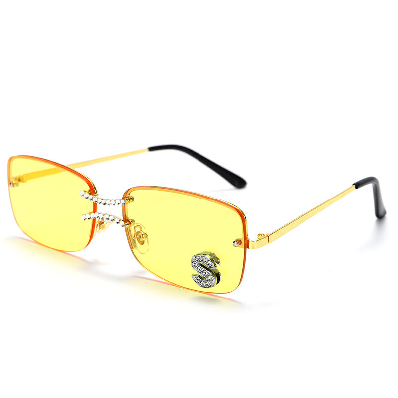 New Hong Kong Style Square Fashion Double Nose Bridge Frameless Metal Sunglasses Hip-Hop Style Ocean Piece Letter S Diamond Sunglasses