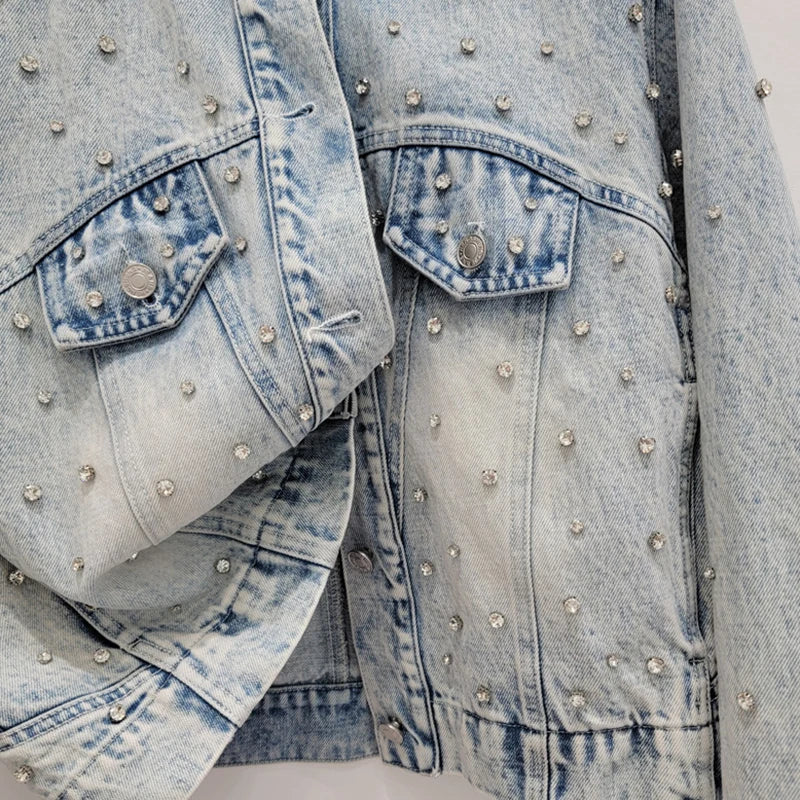 Fashion Women's Suits Diamond Button Lapel Denim Coat High Waist A-line Skirt Set Female Autumn New Trendy