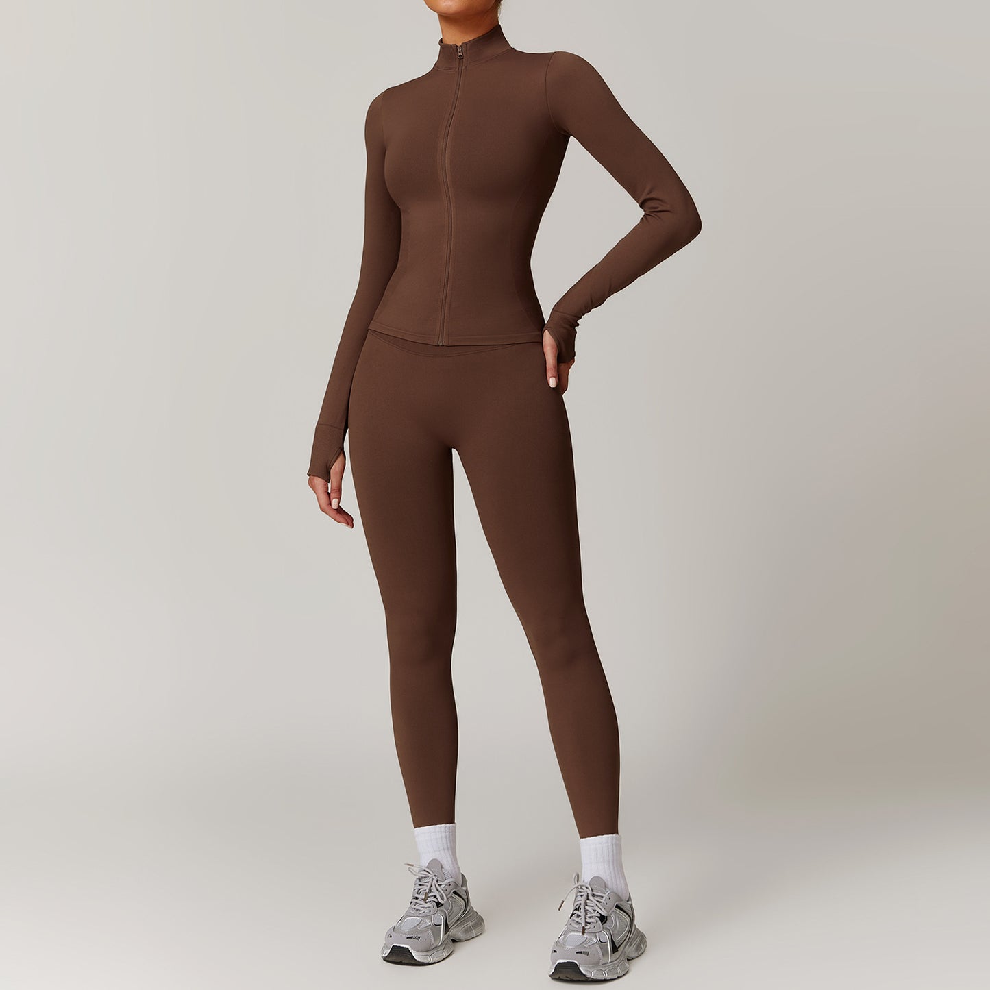 Stand up collar zipper yoga suit jacket windproof slim fit warm top sports running set