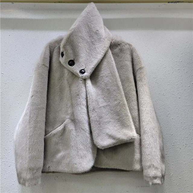 Winter New Fashion Scarf Mink Fur Warm Jacket For Women Loose Solid Color Single-breasted Short Coat Female