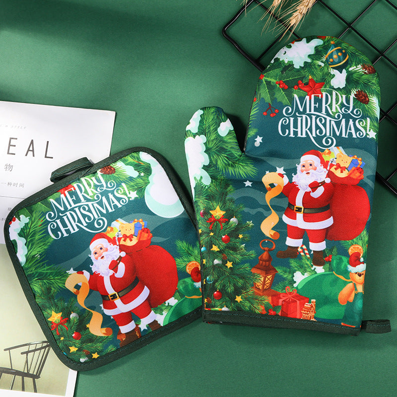 Christmas Baking Insulated Gloves Christmas Oven Microwave Glove Mat Set