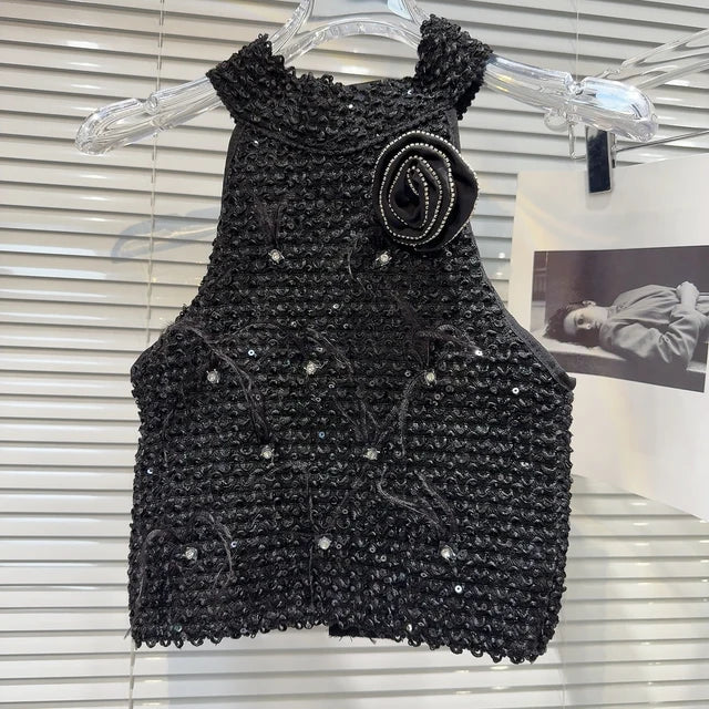 New Fashion Women's Rhinestone Flower Feather Off Shoulder Hanging Neck Vest Back Zipper Design Tops