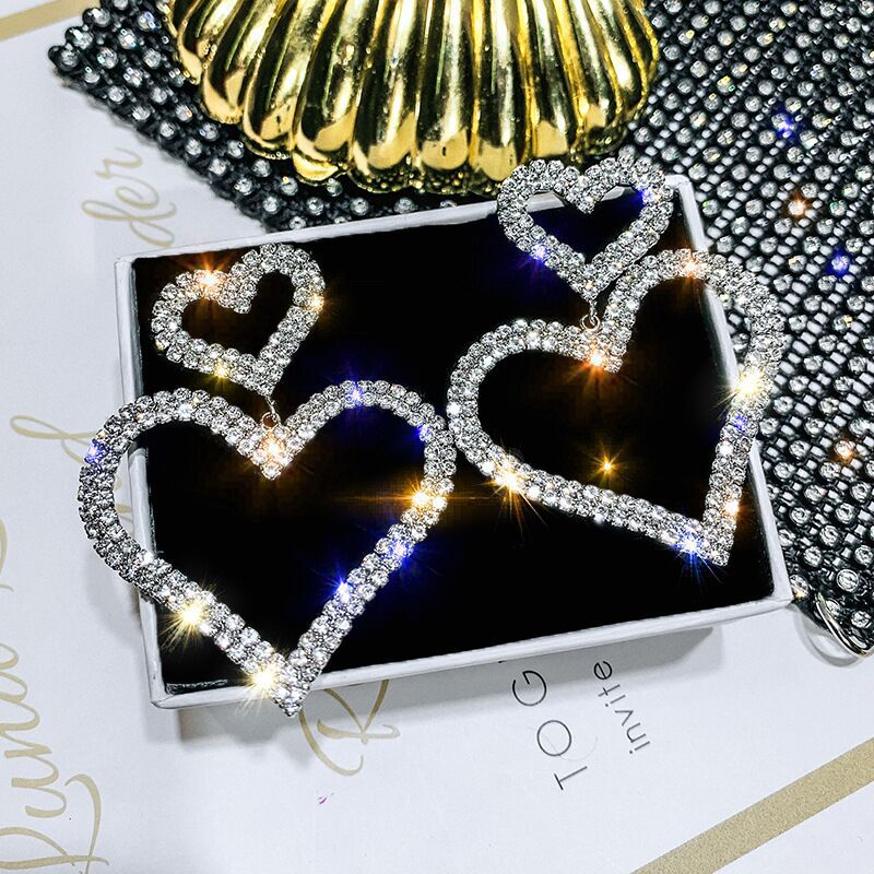 S925 Silver Needle Stud Fashion Exaggerated Diamond Double Heart Earrings Temperament Versatile Long Peach Heart Earrings Women