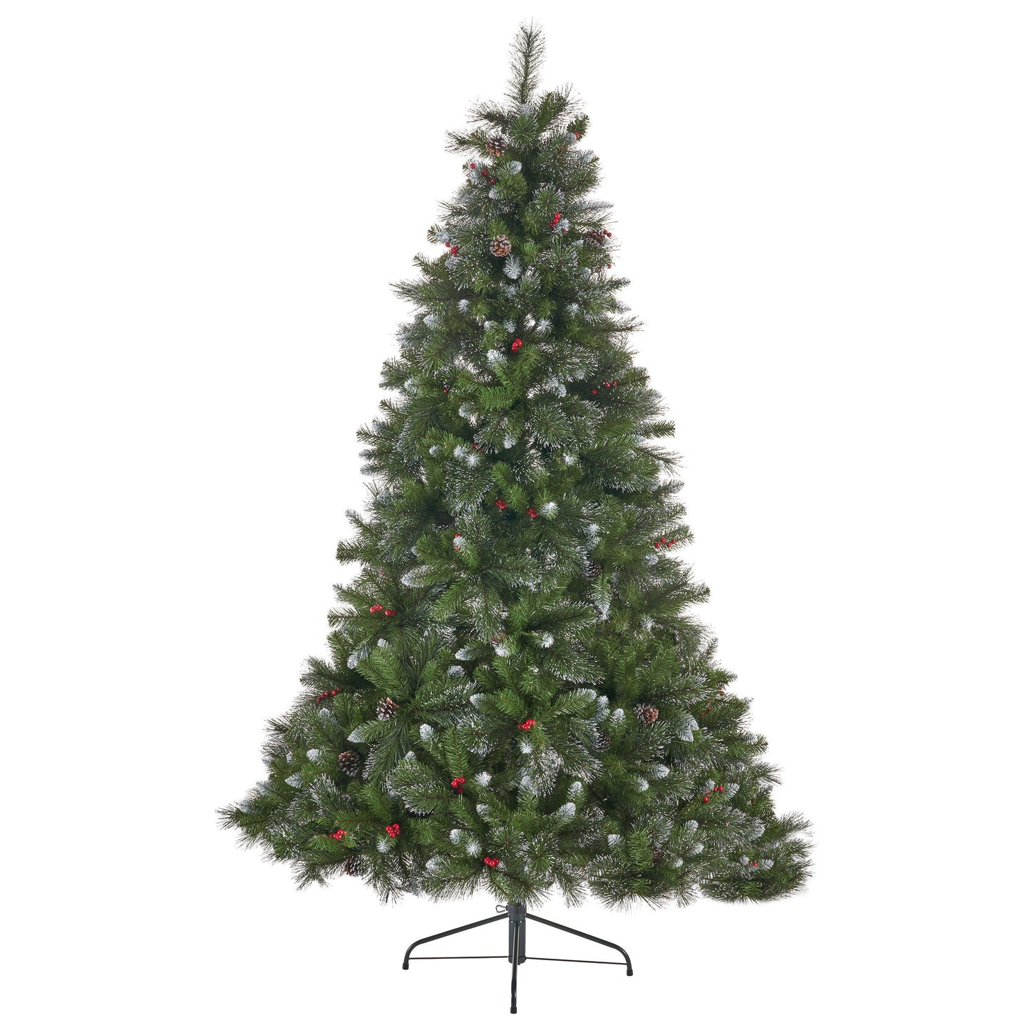 Christmas Tree - 9' Glitter Bristle Mixed Hinged Tree with 72 Red Berry and 73 Pine Cones and 2099 tips,Dia:66