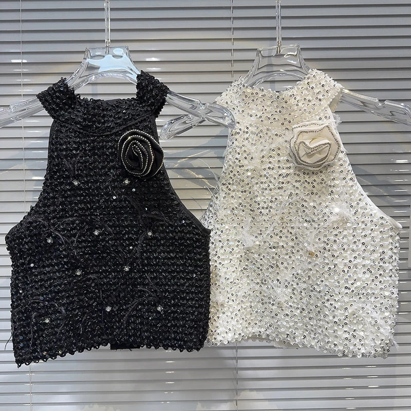New Fashion Women's Rhinestone Flower Feather Off Shoulder Hanging Neck Vest Back Zipper Design Tops
