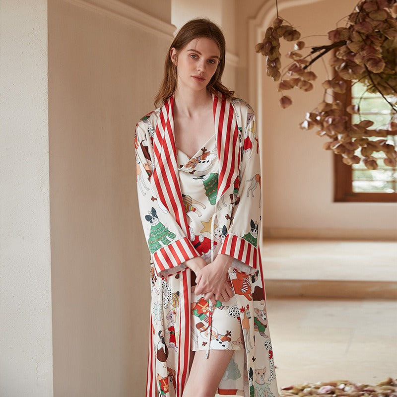 Contrast color ice silk nightgown new autumn large size loose home clothes