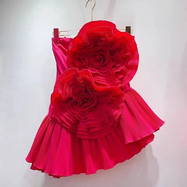 Summer 3D Flowers Irregular Hem Pleated Ruffles Shirt Women Sexy Slash Neck Sleeveless Strapless White Party Blouses Tube Tops