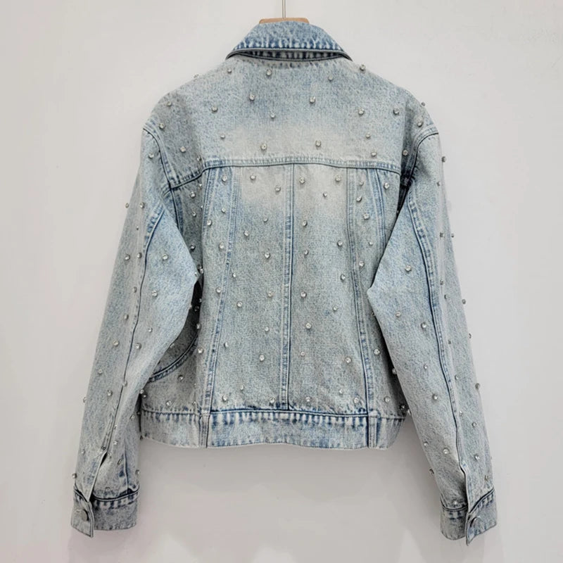 Fashion Women's Suits Diamond Button Lapel Denim Coat High Waist A-line Skirt Set Female Autumn New Trendy