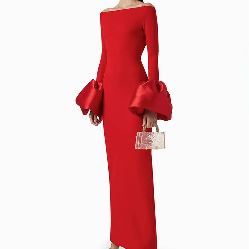 House of Hutson Evening Gown: Women's dress with one shoulder flower bud cuffs solid color long skirt