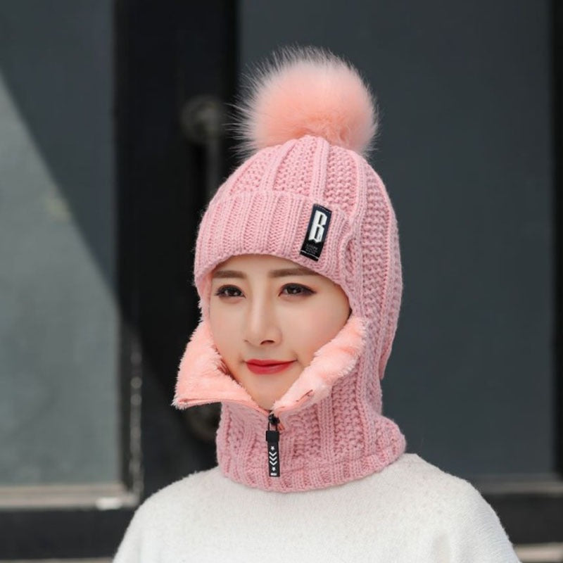 “B-label Shiesty” - knitted, plush, pullover ear protection hat for women with zippered neckband.