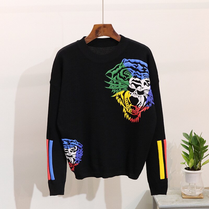 Unisex -Autumn or Winter Knitted Suit Fashion Embroidered Tiger Head Sweater Top + Pants Knitted Tracksuit 2 Piece Set