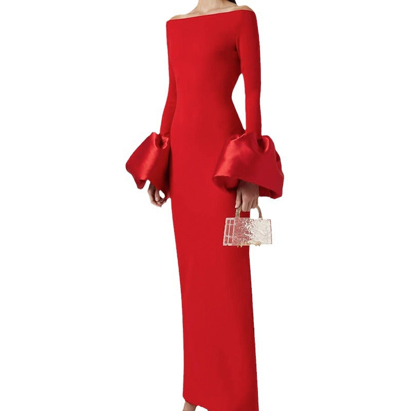 House of Hutson Evening Gown: Women's dress with one shoulder flower bud cuffs solid color long skirt