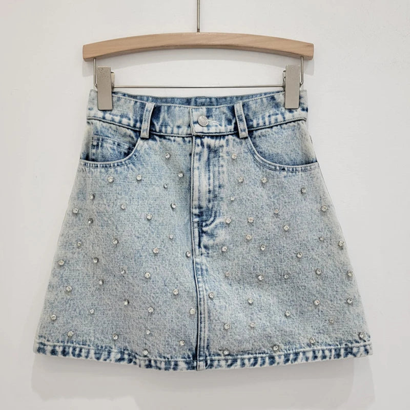 Fashion Women's Suits Diamond Button Lapel Denim Coat High Waist A-line Skirt Set Female Autumn New Trendy