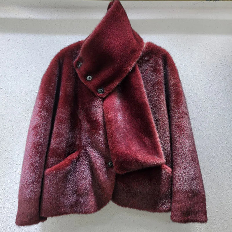 Winter New Fashion Scarf Mink Fur Warm Jacket For Women Loose Solid Color Single-breasted Short Coat Female
