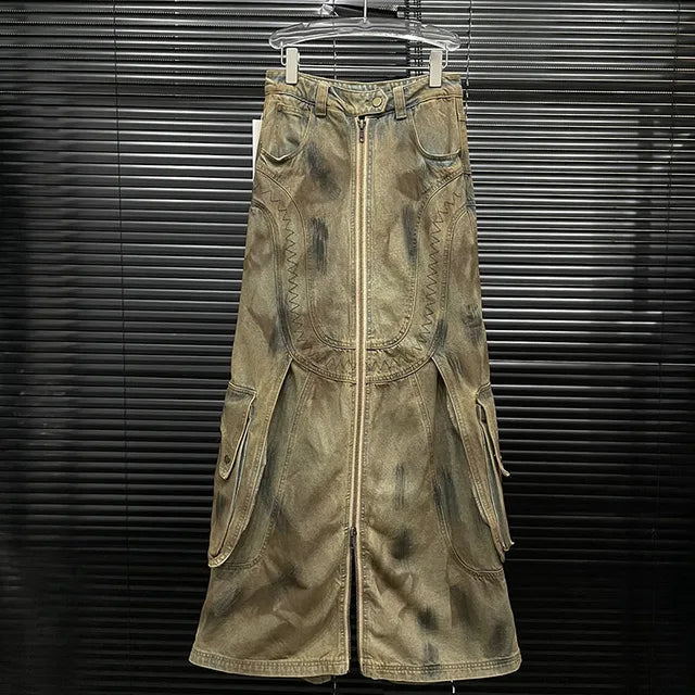 Retro Personality Women's Do Old Zipper Design Skirts Autumn New Fashion High Waist Straight Wide Leg Jeans