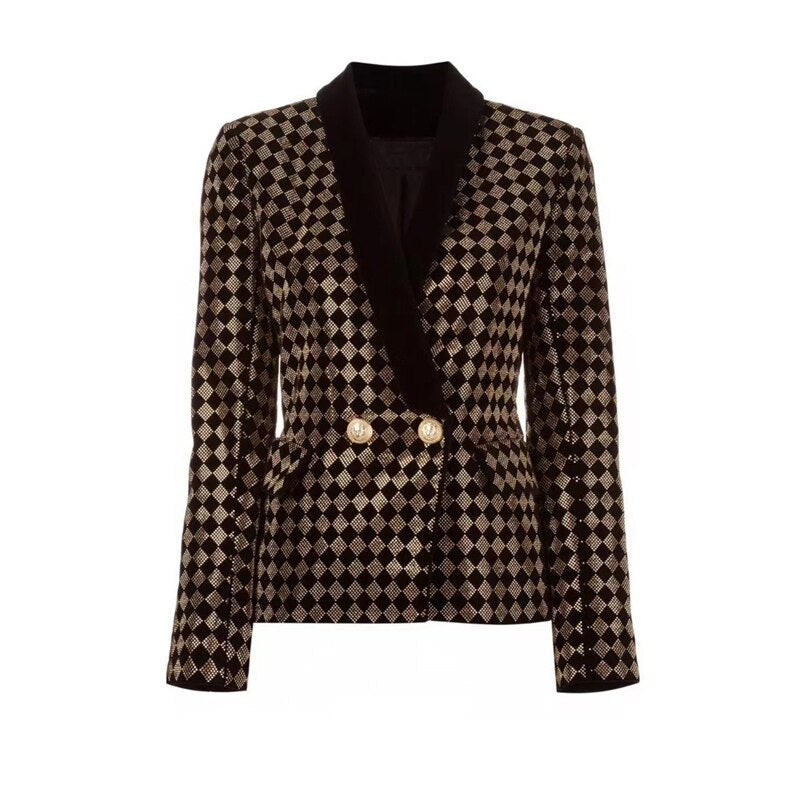 Autumn New Women's Poplin Lapel Blazer Big Brand High Quality Fashion Retro Slim Fit Hit Color Heavy Work Diamond Plaid Top