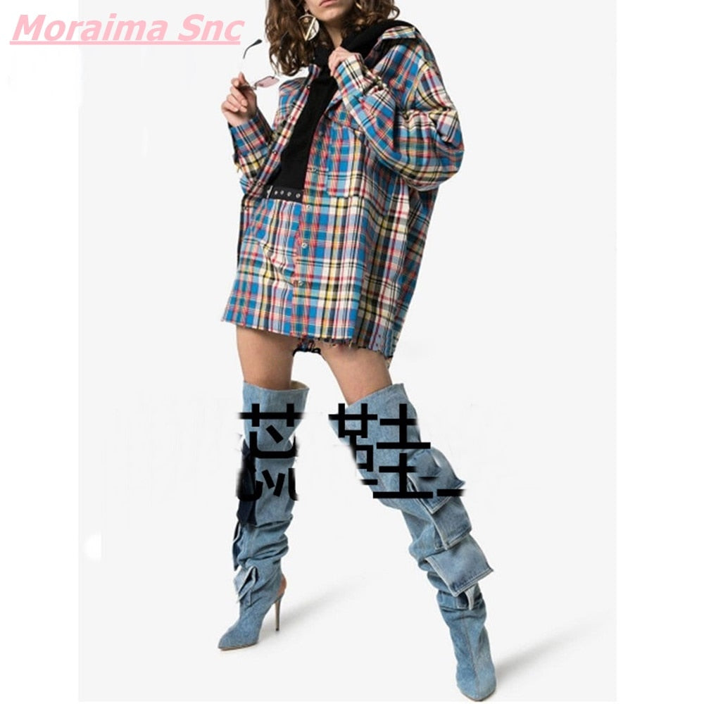 Patchwork Denim Women's Boots Slip-On Pointed Toe Over-the-Knee Fashion Turned-over Edge Cool Modern Boots