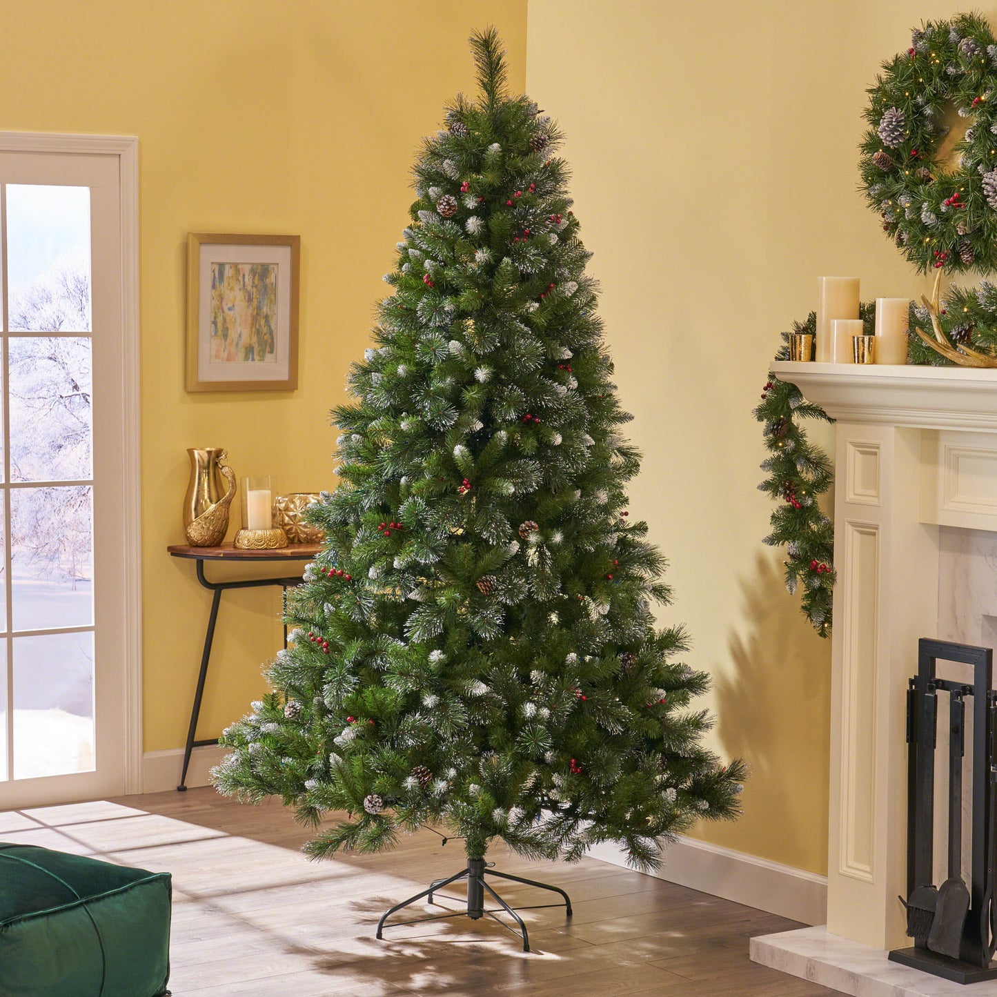 Christmas Tree - 9' Glitter Bristle Mixed Hinged Tree with 72 Red Berry and 73 Pine Cones and 2099 tips,Dia:66