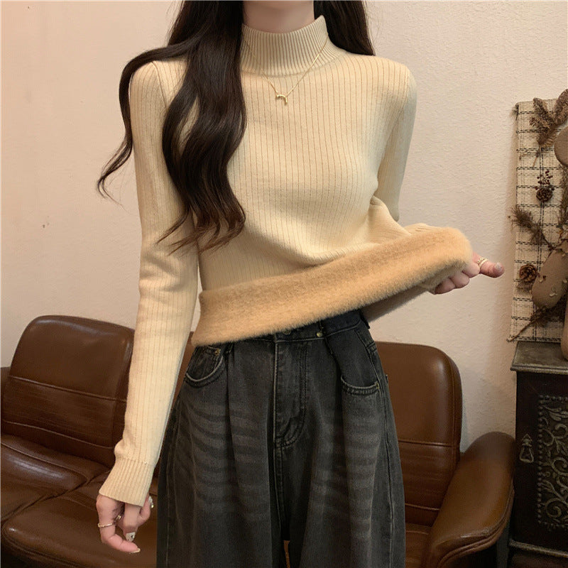 Thickened semi high neck sweater for women's autumn and winter new style with added velvet insulation and solid color versatile base knit sweater