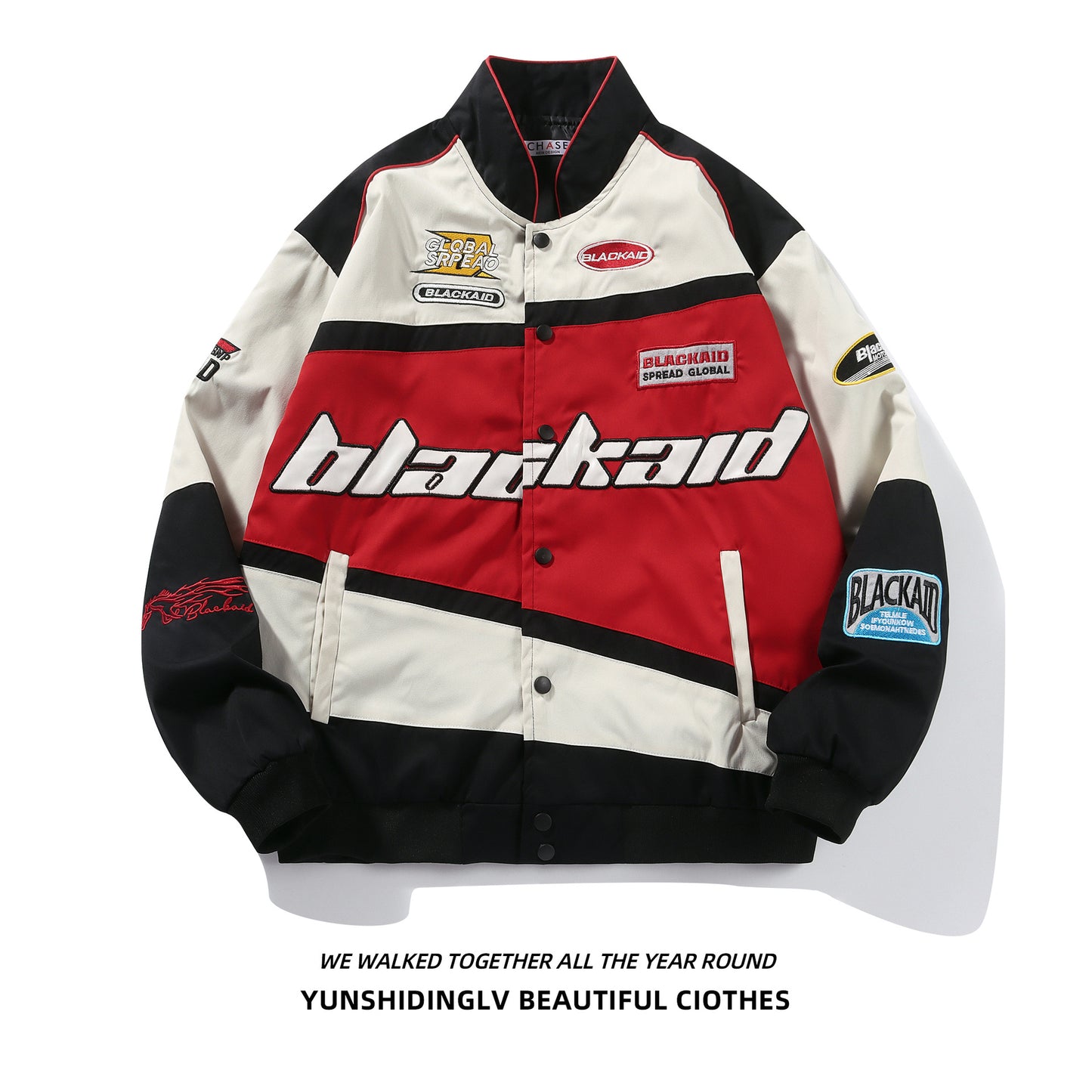 Motorcycle jacket with detachable hood.
