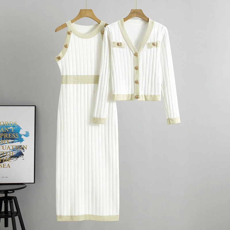 French style socialite high waisted fashionable two-piece woolen dress autumn new item knitted sweater vest dress