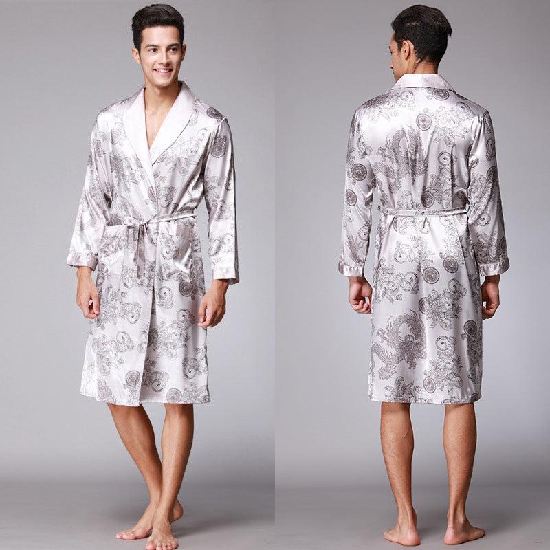 Nightgown Silk Ice Silk Men's Pajamas Men's Long Sleeve Nightgown Bathrobes Home Clothing