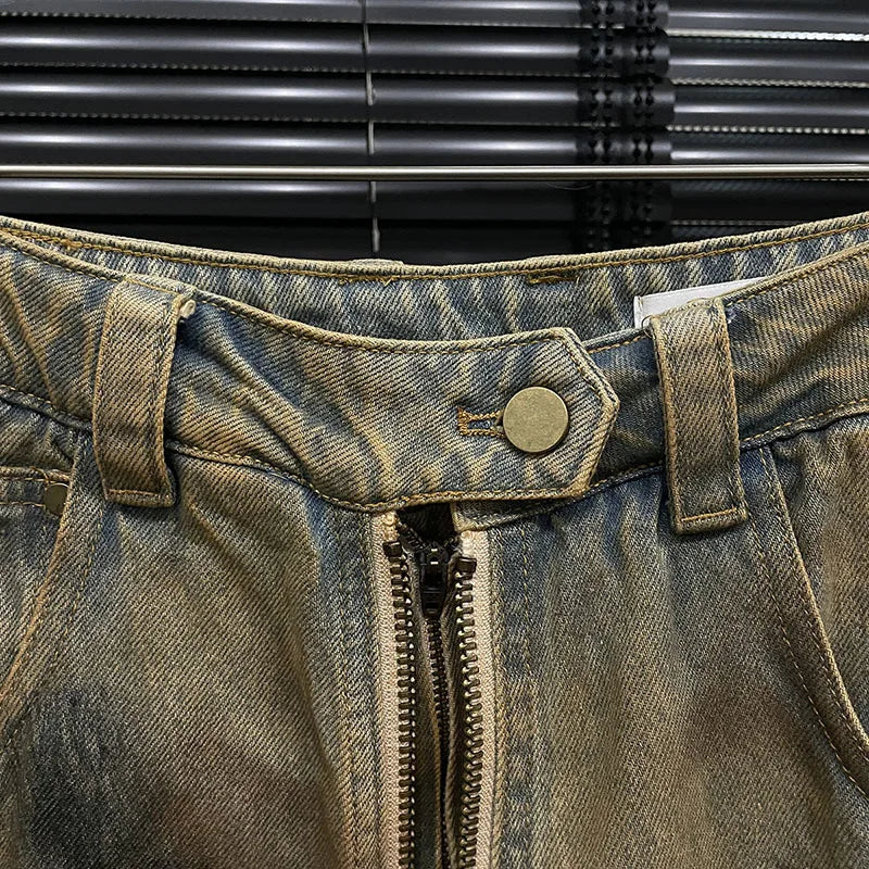 Retro Personality Women's Do Old Zipper Design Skirts Autumn New Fashion High Waist Straight Wide Leg Jeans